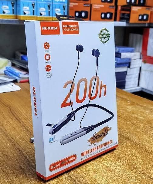 Orginal Regrsi wireless Neckband Bluetooth Earphone RE-NY060 Charging becup 200 Hours (Best price)