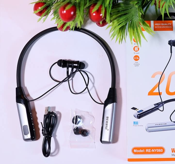 Orginal Regrsi wireless Neckband Bluetooth Earphone RE-NY060 Charging becup 200 Hours (Best price)