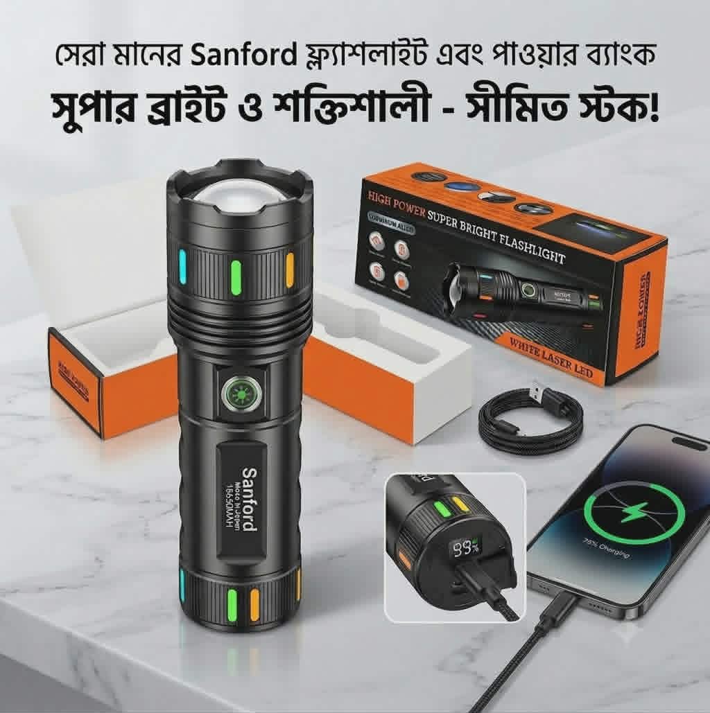 Sanford Super Bright Flashlight – White Laser LED Made in Japan 30000mAh Light